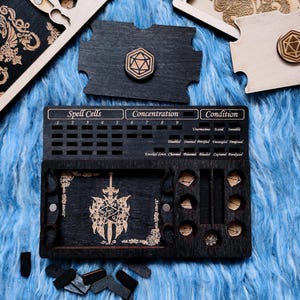 DnD Player&#39;s Tray &quot;Sword&quot; Spell Tracker Board – Wooden RPG Organizer with Dice Tray & Life Counter, Spell Slot Tracker, Conditions Tracker