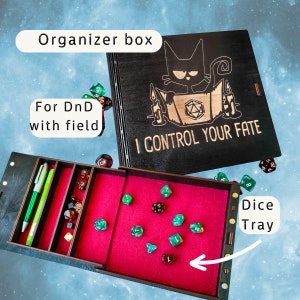 Personalized Dice Box with dice rolling tray for DnD &quot;Cat&quot;, Wooden Dungeon and Dragons Game Box with Custom Engraving, Tabletop RPG