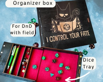 Boîte à dés personnalisée avec plateau pour lancer les dés pour D&D « Chat », boîte de jeu Donjon et dragons en bois avec gravure personnalisée, RPG de table