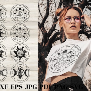 May include: Eight black and white circular designs with various symbols and text, including a tree, a triple moon, a pentagram, a sun, and a triple goddess. The designs are on a woodgrain background. The text includes the words "Yule", "Beltane", "Samhain", "Litha", "Lughnasadh", "Imbolc", "Ostara", and "Mabon".