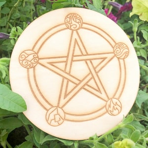 Pentacle altar tile with pentagram, witchcraft altar decor, witch spiritual decor, wooden magic decor, elemental symbol, witch altar decor