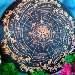 Wheel of the Year Functional Altar Calendar, pagan witch calendar board, runes, crystal grid and wood altar tile, witch and wiccan gift