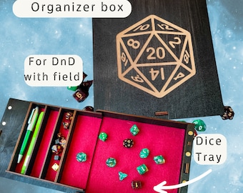 Scatola per dadi personalizzata con vassoio per lanciare dadi per DnD "Dice", scatola da gioco Dungeon and Dragons in legno con incisione personalizzata, gioco di ruolo da tavolo