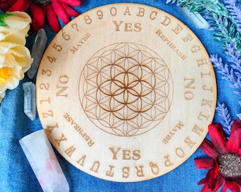 Wooden Pendulum Board and spirit board for answers with flower of life, witchcraft divination tools for spirit, altar decoration