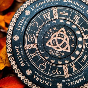 Wheel of the Year Rotating Wooden Board – Celtic Pagan Sabbat Calendar – Wiccan Altar Decor – Detachable Zodiac and Moon Phases