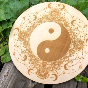 Yin Yang wood sign with clouds and star in heaven, zen decor for home, spiritual art meditation, crystal grid