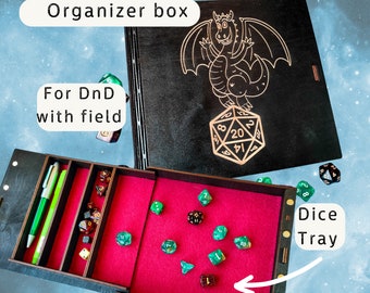 Caja de dados personalizada con bandeja de lanzamiento de dados para DnD "Dragón", Caja de juego de mazmorras y dragones de madera con grabado personalizado, RPG de mesa