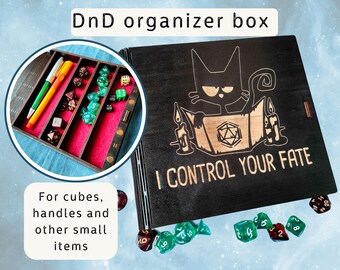 Personalized Dice Box for DnD with cat, Wooden Dungeon and Dragons Game Box with Engraving, Magnetic Vault, Tabletop RPG , DM Gift