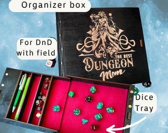 Boîte à dés personnalisée avec plateau de lancement de dés pour D&D « Dungeon mom », boîte de jeu Donjon et dragons en bois avec gravure personnalisée, RPG de table