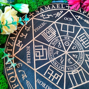 May include: A black wooden circle with gold lettering and symbols. The circle is divided into sections with names of angels and planets. The text on the circle reads "FOTFTZADKELESAMAELT RAPHAEL", "PHALEC", "BETHOR", "OCH", "HAGITH", "SOL", "MARS", "VENUS", "MERCVR", "LINA", "SATVRN", "JUPITER", "ATRON".