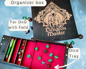 Boîte à dés personnalisée avec plateau pour lancer les dés pour D&D « Master », boîte de jeu Donjon et dragons en bois avec gravure personnalisée, RPG de table