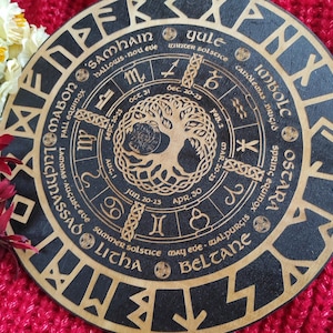 Wheel of the Year Functional Altar Calendar, pagan witch calendar board with tree of life, runes, crystal grid and wood altar tile