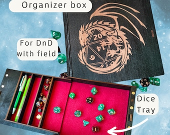 Caja de dados personalizada con bandeja de lanzamiento de dados para DnD "Dragón", Caja de juego de mazmorras y dragones de madera con grabado personalizado, RPG de mesa