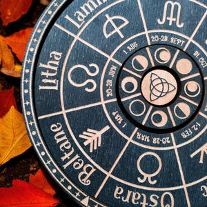 Wooden Wheel of the Year | Rotating Sabbat Calendar | Pagan Wiccan Altar Decor | Witchcraft Tool | Celtic Ritual Wheel