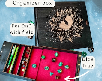 Caja de dados personalizada con bandeja de lanzamiento de dados para DnD "Dragón", Caja de juego de mazmorras y dragones de madera con grabado personalizado, RPG de mesa