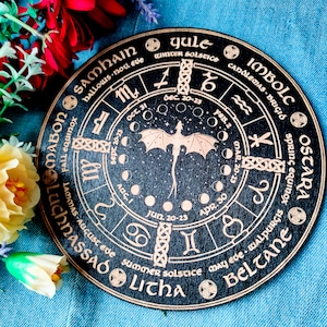 Wheel of the year with dragon, pagan witch and wiccan calendar board, wall decor, wheel of the season, witch gift, new year design