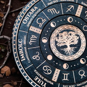 Wheel of the Year with Tree of Life – Rotating Sabbat Calendar – Celtic Wooden Pagan Altar Decor – Zodiac Moon Phases Wiccan Witchcraft Gift
