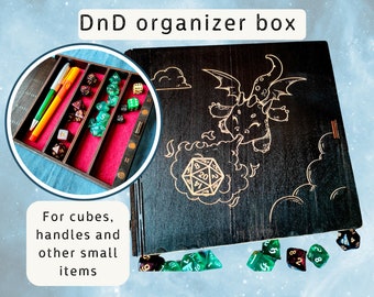 Personalized Dice Box for DnD with Dragon, Wooden Dungeon and Dragons Game Box with Custom Engraving, Magnetic Vault, Tabletop RPG , DM Gift