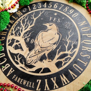 Round Ouija board with Crow, witchcraft altar decor, round spirit board, altar supplies for spirit game, divination tools