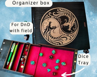 Scatola per dadi personalizzata con vassoio per lanciare dadi per DnD "Dragon", scatola da gioco Dungeon e Dragons in legno con incisione personalizzata, gioco di ruolo da tavolo