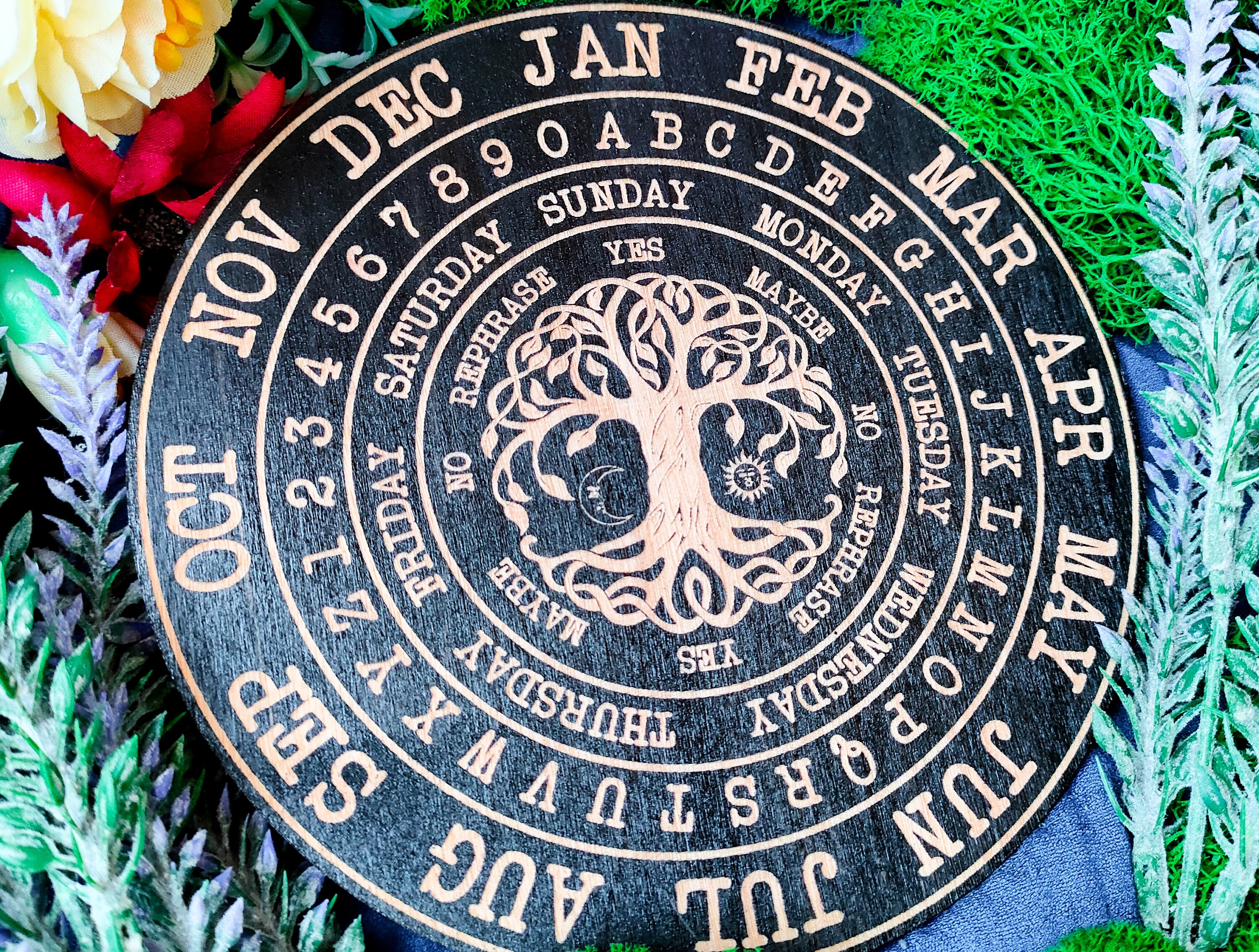 Tree of life Pendulum Board for answers, witchcraft divination tools for spirit, altar decor, black divination board, 2 gift card