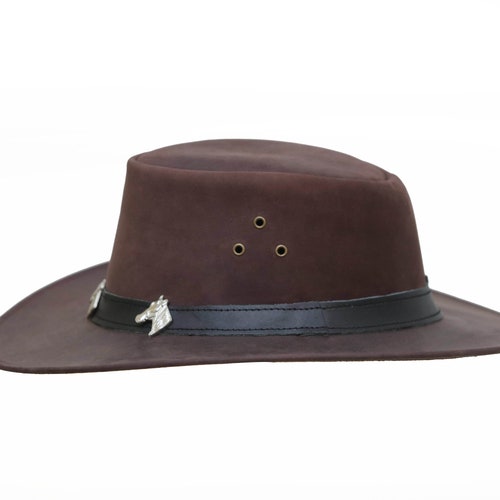 Shops Handmade Brown Leather Hat | Leather Band with Horse Shaded | Classic Biker Leather Hat