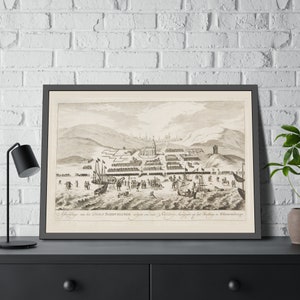 Den Haag ingelijste papieren poster. Historische prent van Scheveningen ca. 1774 - Uitzicht vanaf het noordwesten - Nederlandse kunstreproductie Den Haag met lijst