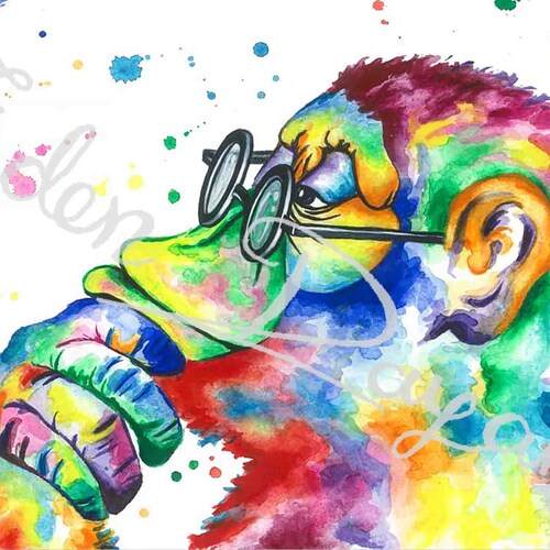 Thinking monkey - Colorful smart monkey painting, young art, colorful watercolors painting, monkey with glasses shops print, cool monkey