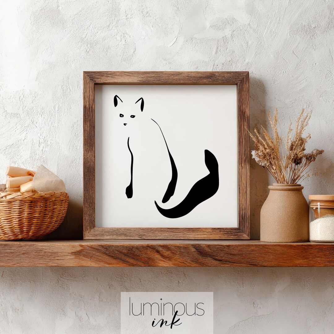 Minimalist Cat Line Art Print | Black and White Sitting Cat Wall Art ...