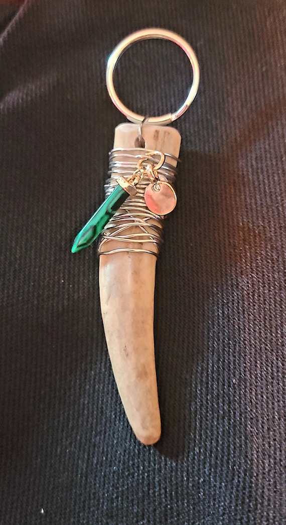 Antler Keychain With Green Crystal and Charm Etsy