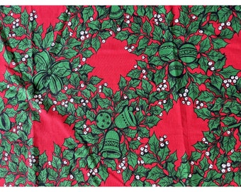 Vintage Christmas Tablecloth Red Green Holly Bells Horns Ornaments 39.5” X 51.5”