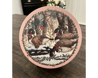 Vintage Christmas Snow Geese Pink Metal Tin Jar Holiday Decor