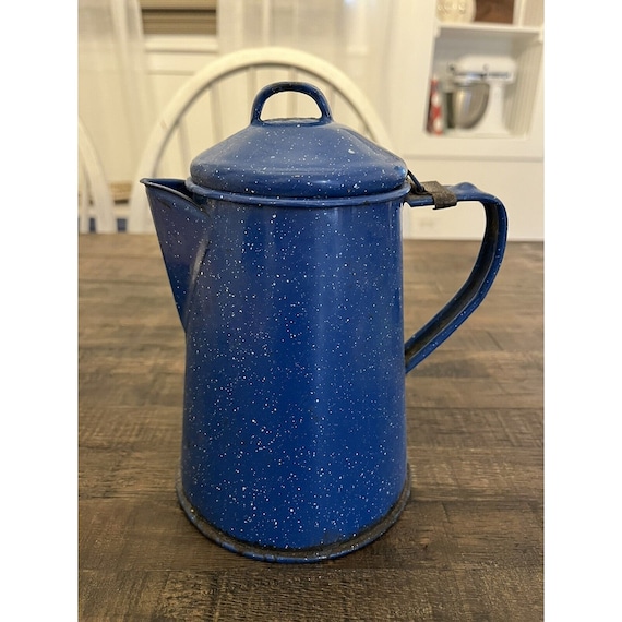 Vintage Blue Speckled Enamel Camping Coffee Pot Percolator Home