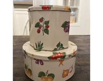 Vintage Fruit Pattern Tin Containers Set Of Two Home Kitchen Dining Decor