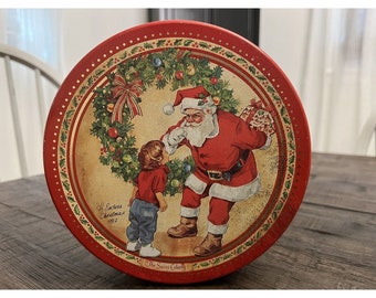 Vintage Swiss Colony  Round Tin Santa With Child Christmas Holiday Decor