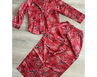 Vintage Marianne Cherry Blossom Satin Pajama Set Women Size Medium Red Floral
