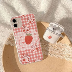 Strawberry Pink Milk Clear Phone case iPhone 14 13 12 mini case iPhone XS Max Case iPhone XR 7 8 Plus SE Case Airpods case airpods 1/2/3 pro