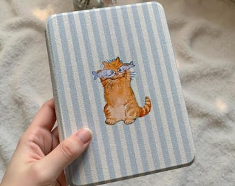 Blue Striped Cute Cat Kindle Case, All New Kindle 12th Generation 2024 Case, Paperwhite 12th 7&quot; 11th 6.8&quot; 10th 6&quot; Cover, Kindle Colorsoft