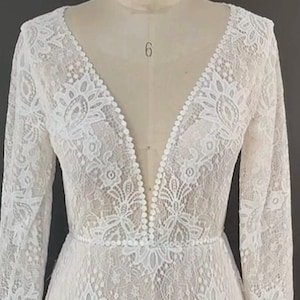 Boho Wedding Dress | Long Sleeve | Deep V Neck | Openback | Rustic | Floral