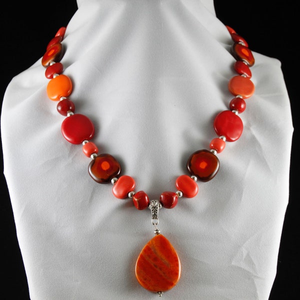 Orange, Red & Brown Kazuri beaded necklace with Orange Jasper stiped teardrop pendant