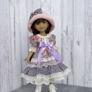 Matching Floral print dress and sunhat for 14,5 inch doll Handmade doll clothing set for Ruby Red Fashion Friends doll