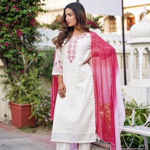 Pure Cotton white kurta set with embroidery and tie dye dupatta shaded dupatta ombre dye pink detailing's kurta with pant and dupatta image 6