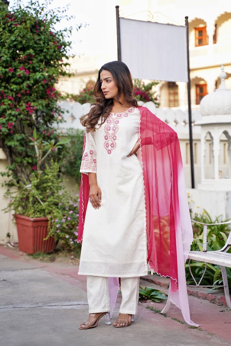 Pure Cotton white kurta set with embroidery and tie dye dupatta shaded dupatta ombre dye pink detailing's kurta with pant and dupatta image 6