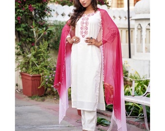 Pure Cotton white kurta set with embroidery and tie dye dupatta- shaded dupatta- ombre dye- pink detailing's- kurta with pant and dupatta