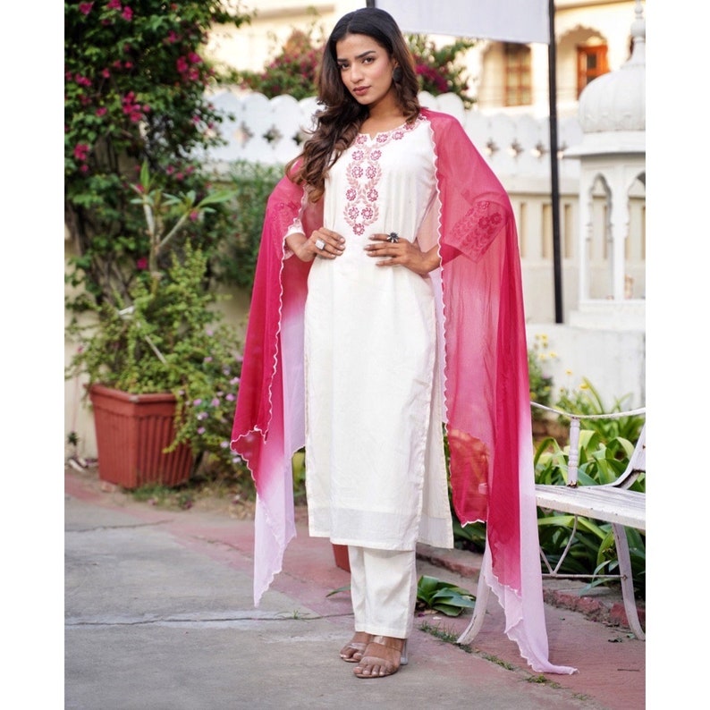 Pure Cotton white kurta set with embroidery and tie dye dupatta shaded dupatta ombre dye pink detailing's kurta with pant and dupatta image 1