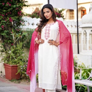 Pure Cotton white kurta set with embroidery and tie dye dupatta shaded dupatta ombre dye pink detailing's kurta with pant and dupatta image 4