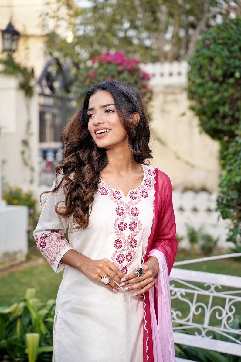 Pure Cotton white kurta set with embroidery and tie dye dupatta shaded dupatta ombre dye pink detailing's kurta with pant and dupatta image 2