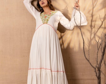 Handmade Bohemian White Cotton Dress - Elegant Floral Embroidery, Ideal for Summer Events