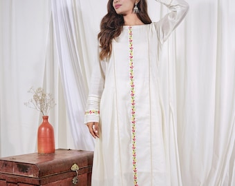 White pure cotton embroidered kurta set