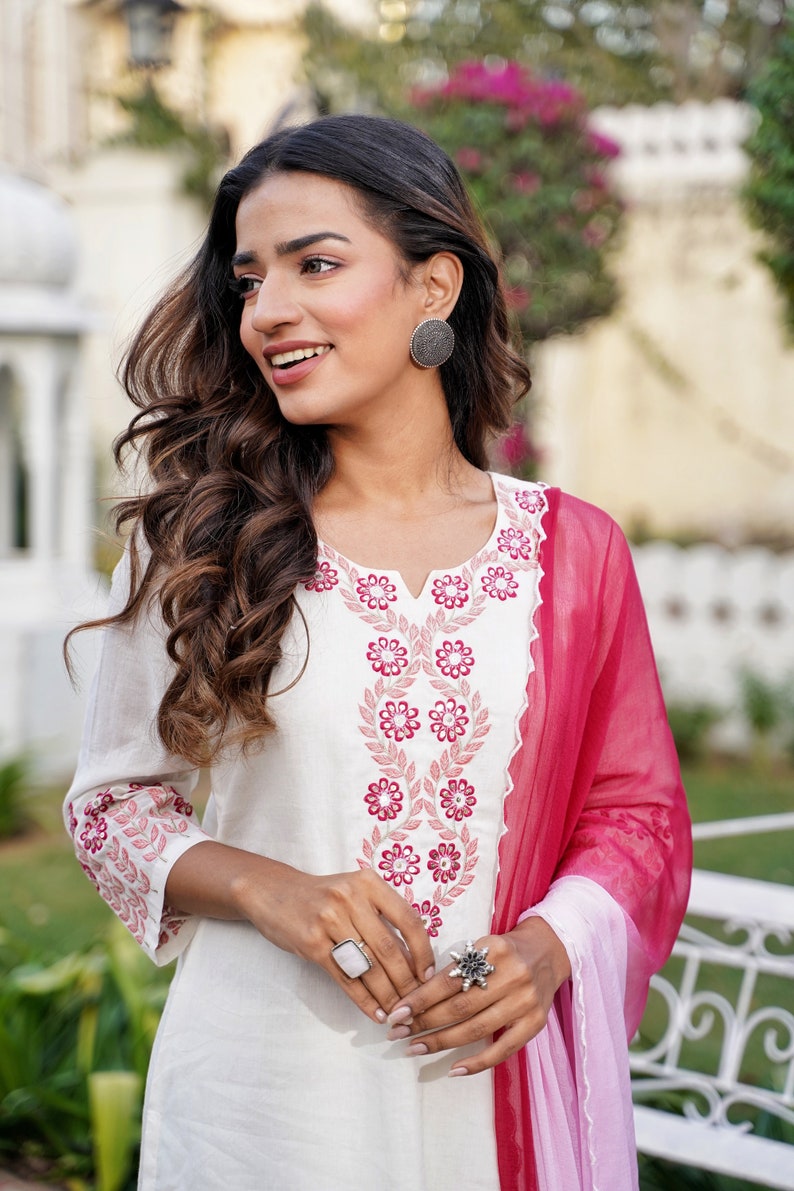 Pure Cotton white kurta set with embroidery and tie dye dupatta shaded dupatta ombre dye pink detailing's kurta with pant and dupatta image 3